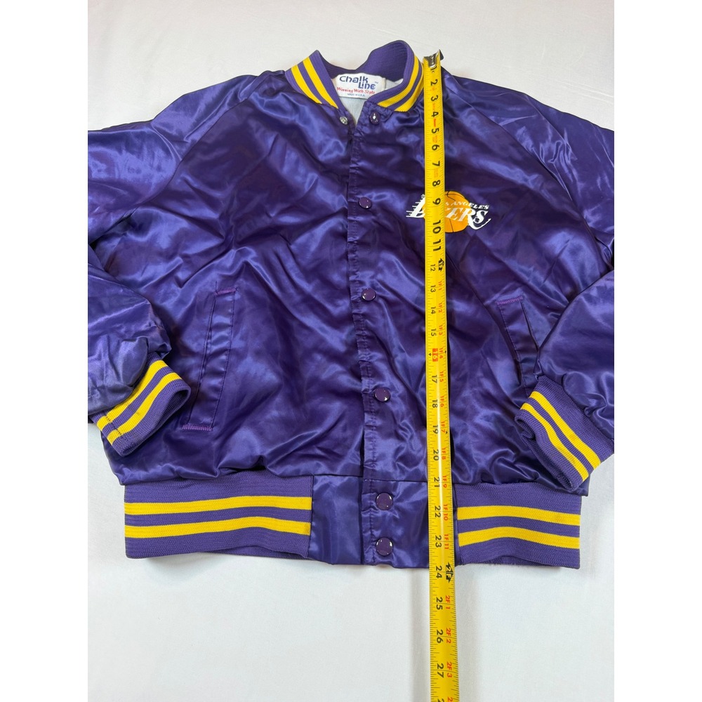 Vtg Chalk Line Los Angeles Lakers Satin Varsity Jacket Purple Sz L USA Run Small - Picture 4 of 11